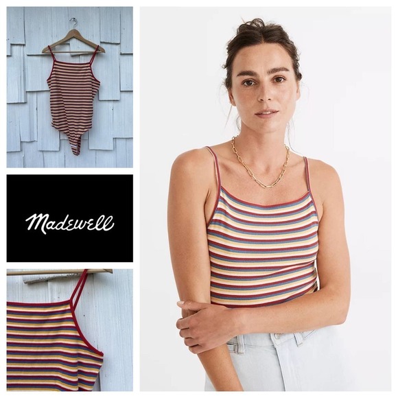 Madewell Ribbed Spaghetti-Strap Thong Bodysuit in Rainbow Stripe NWT - Picture 1 of 7